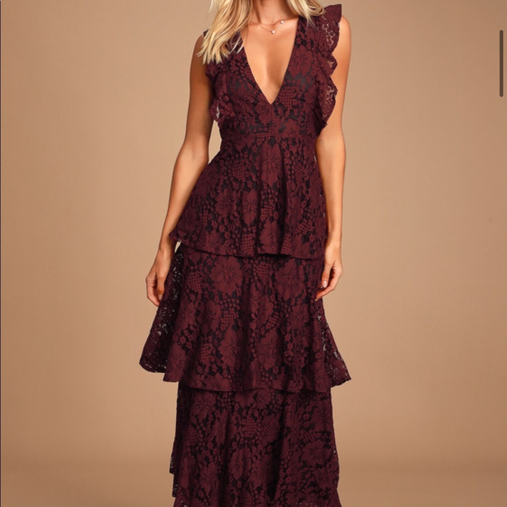 burgundy lace ruffled tiered sleeveless maxi dress